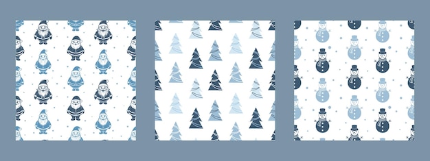 Conjunto de patrones sin costuras de invierno con árboles de Navidad hombres de nieve Papá Noel en tonos azules