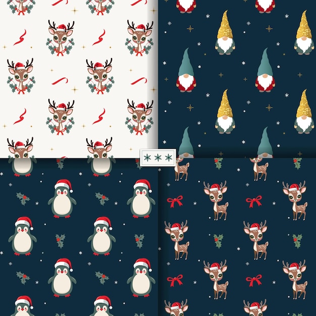 Conjunto de patrones sin costuras de invierno con personajes de Navidad lindos fondos de año nuevo decoraciones de Navidad