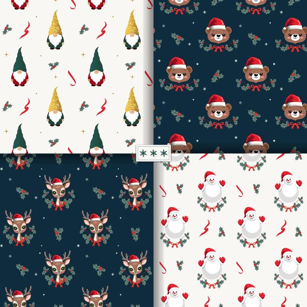 Conjunto de patrones sin costuras de invierno con personajes de Navidad lindos patrones de Navidad decoraciones de Año Nuevo
