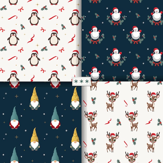 Conjunto de patrones sin costuras de invierno con personajes de Navidad lindos Xmas patrones fondos año nuevo