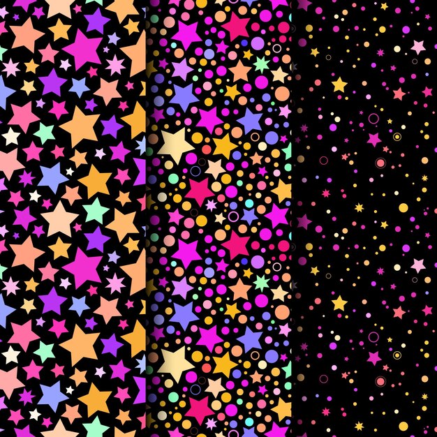 Conjunto de patrones sin costuras multicolores de tres estrellas