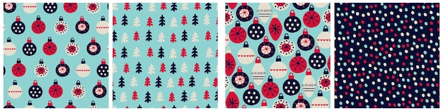 Conjunto de patrones sin costuras navideños de bolas dibujadas a mano decoradas con patrones de estilo escandinavo