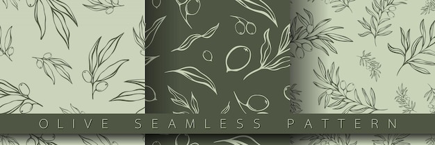 Conjunto de patrones sin costuras con rama de olivo en fondos florales vectoriales de estilo Minimal Liner