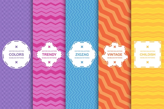 Conjunto de patrones sin costuras de rayas brillantes con textura vectorial en zigzag y fondos coloridos y elegantes