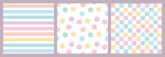 Conjunto de patrones sin costuras con rayas de puntos polcas y tablero de ajedrez fondos pastel