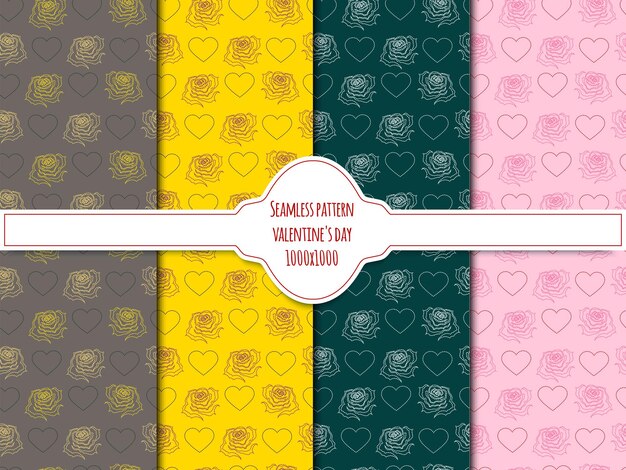 Conjunto de patrones sin costuras con rosas y corazones de fondo floral