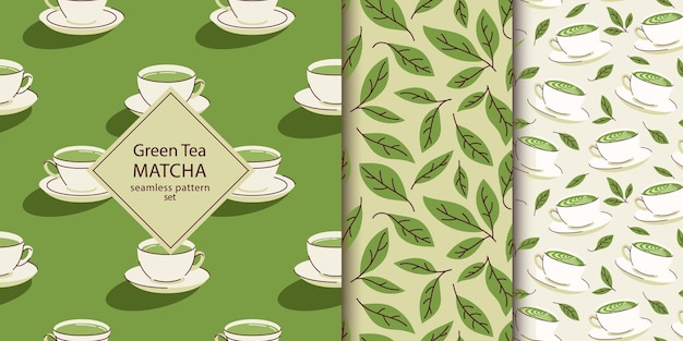 Conjunto de patrones sin costuras de té verde Matcha