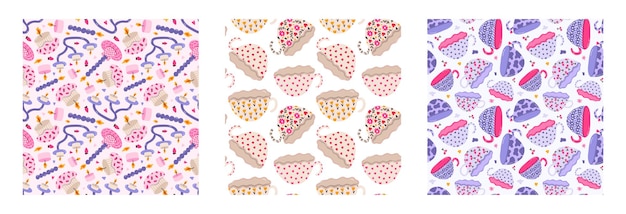 Conjunto de patrones sin costuras de utensilios lúdicos con garabatos en color rosa Estampado romántico con cerámica colorida Cerámica hecha a mano Vajilla de cocina Plato de taza lindo candelabro Papel pintado creativo