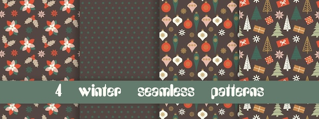 Conjunto de patrones sin costuras vectoriales de Navidad Feliz Navidad y Feliz Año Nuevo Símbolos de Navidad