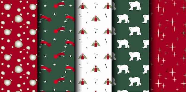 Conjunto de patrones sin costuras vectoriales de Navidad Feliz Navidad y Feliz Año Nuevo Símbolos de Navidad