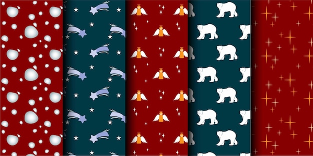 Conjunto de patrones sin costuras vectoriales de Navidad Feliz Navidad y Feliz Año Nuevo Símbolos de Navidad
