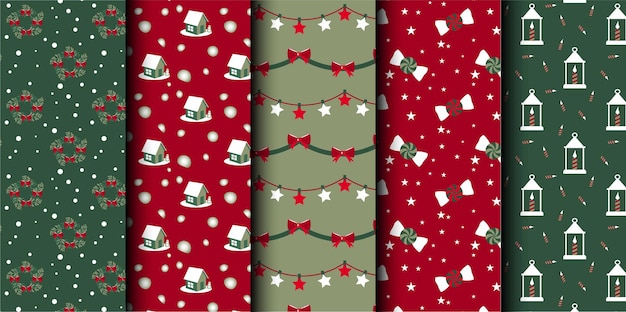 Conjunto de patrones sin costuras vectoriales de Navidad Feliz Navidad y Feliz Año Nuevo Símbolos de Navidad