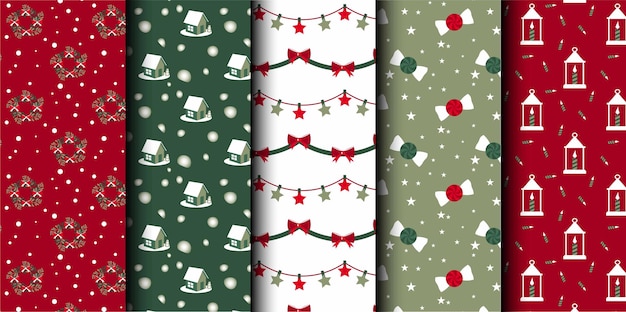 Conjunto de patrones sin costuras vectoriales de Navidad Feliz Navidad y Feliz Año Nuevo Símbolos de Navidad