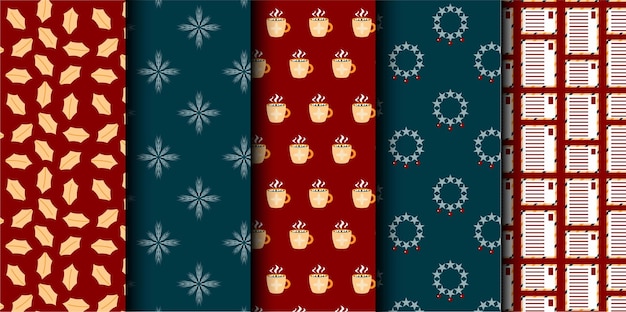 Conjunto de patrones sin costuras vectoriales de Navidad Feliz Navidad y Feliz Año Nuevo Símbolos de Navidad