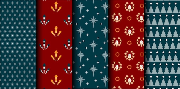 Conjunto de patrones sin costuras vectoriales de Navidad Feliz Navidad y Feliz Año Nuevo Símbolos de Navidad