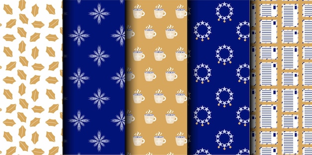 Conjunto de patrones sin costuras vectoriales de Navidad Feliz Navidad y Feliz Año Nuevo Símbolos de Navidad