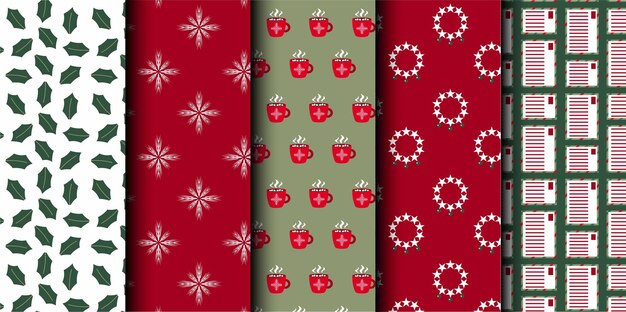 Conjunto de patrones sin costuras vectoriales de Navidad Feliz Navidad y Feliz Año Nuevo Símbolos de Navidad