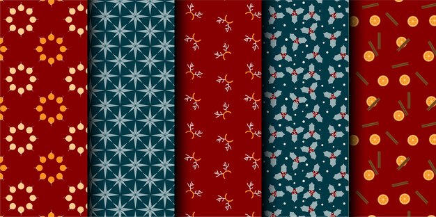 Conjunto de patrones sin costuras vectoriales de Navidad Feliz Navidad y Feliz Año Nuevo Símbolos de Navidad