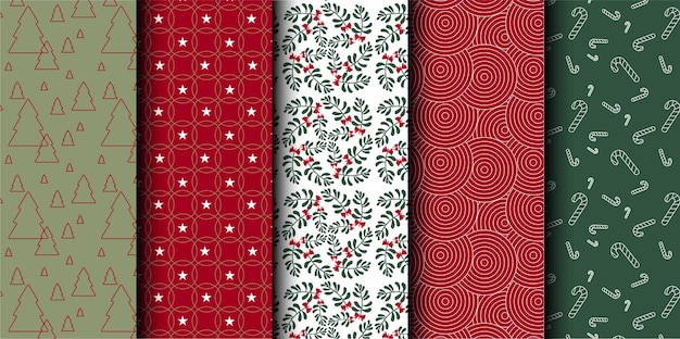Conjunto de patrones sin costuras vectoriales de Navidad Feliz Navidad y Feliz Año Nuevo Símbolos de Navidad