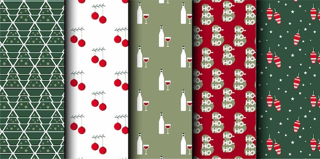 Conjunto de patrones sin costuras vectoriales de Navidad Feliz Navidad y Feliz Año Nuevo Símbolos de Navidad