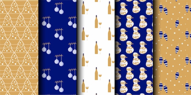 Conjunto de patrones sin costuras vectoriales de Navidad Feliz Navidad y Feliz Año Nuevo Símbolos de Navidad