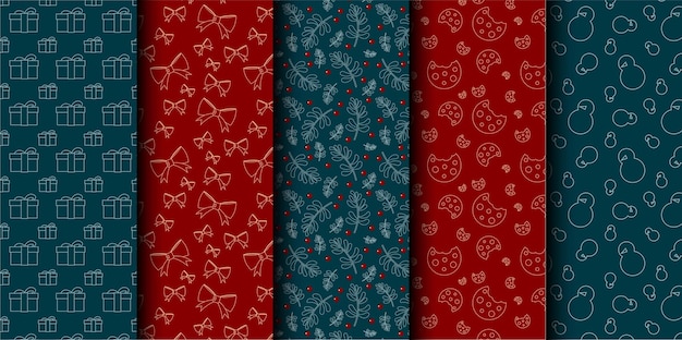 Conjunto de patrones sin costuras vectoriales de Navidad Feliz Navidad y Feliz Año Nuevo Símbolos de Navidad