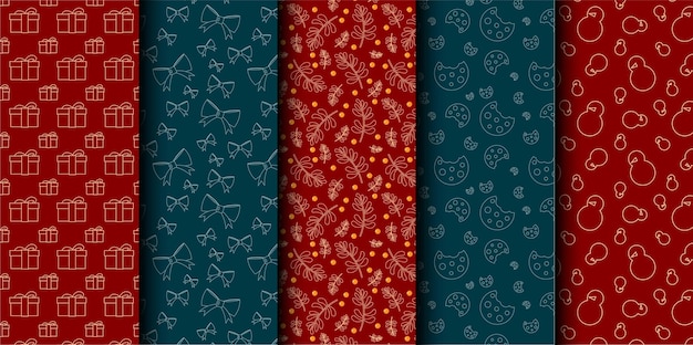 Conjunto de patrones sin costuras vectoriales de Navidad Feliz Navidad y Feliz Año Nuevo Símbolos de Navidad