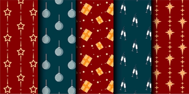 Conjunto de patrones sin costuras vectoriales de Navidad Feliz Navidad y Feliz Año Nuevo Símbolos de Navidad