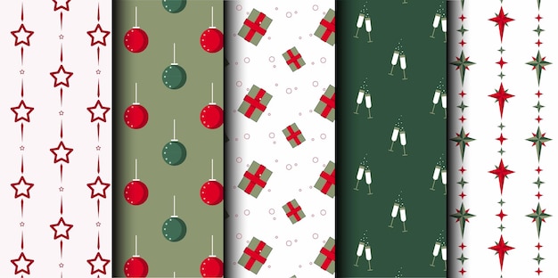 Conjunto de patrones sin costuras vectoriales de Navidad Feliz Navidad y Feliz Año Nuevo Símbolos de Navidad