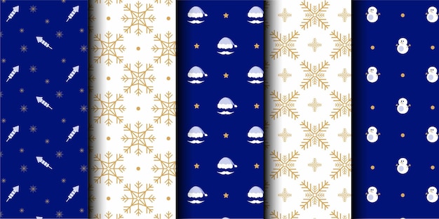 Conjunto de patrones sin costuras vectoriales de Navidad Feliz Navidad y Feliz Año Nuevo Símbolos de Navidad