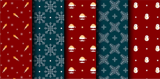 Conjunto de patrones sin costuras vectoriales de Navidad Feliz Navidad y Feliz Año Nuevo Símbolos de Navidad
