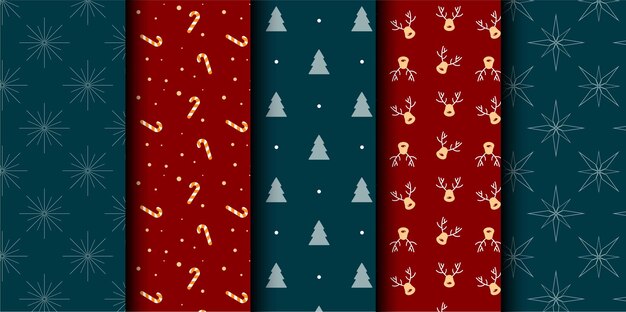 Conjunto de patrones sin costuras vectoriales de Navidad Feliz Navidad y Feliz Año Nuevo Símbolos de Navidad