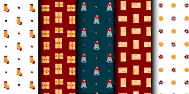 Conjunto de patrones sin costuras vectoriales de Navidad Feliz Navidad y Feliz Año Nuevo Símbolos de Navidad