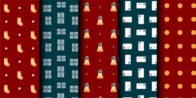 Conjunto de patrones sin costuras vectoriales de Navidad Feliz Navidad y Feliz Año Nuevo Símbolos de Navidad