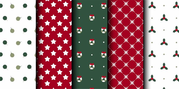 Conjunto de patrones sin costuras vectoriales de Navidad Feliz Navidad y Feliz Año Nuevo Símbolos de Navidad