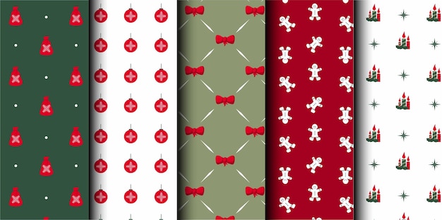 Conjunto de patrones sin costuras vectoriales de Navidad Feliz Navidad y Feliz Año Nuevo Símbolos de Navidad