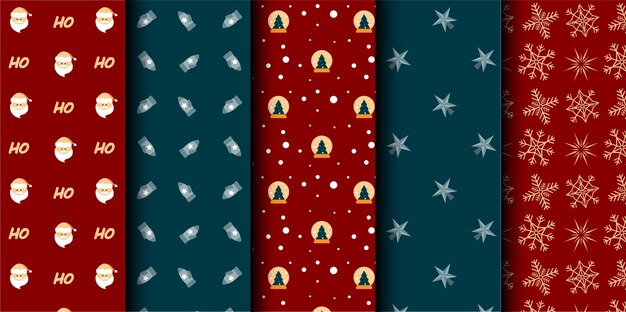 Conjunto de patrones sin costuras vectoriales de Navidad Feliz Navidad y Feliz Año Nuevo Símbolos de Navidad