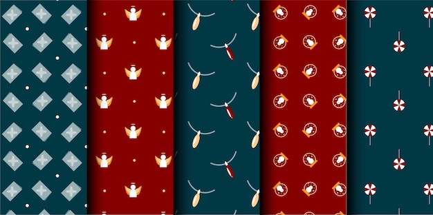 Conjunto de patrones sin costuras vectoriales de Navidad Feliz Navidad y Feliz Año Nuevo Símbolos de Navidad