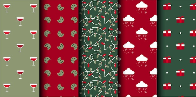 Conjunto de patrones sin costuras vectoriales de Navidad Feliz Navidad y Feliz Año Nuevo Símbolos de Navidad