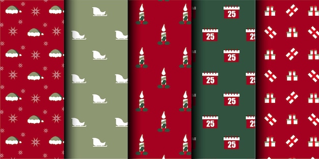 Conjunto de patrones sin costuras vectoriales de Navidad Feliz Navidad y Feliz Año Nuevo Símbolos de Navidad