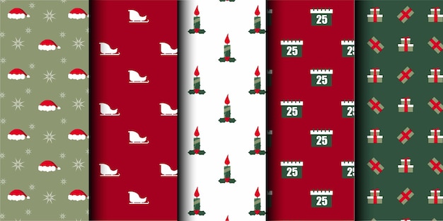 Conjunto de patrones sin costuras vectoriales de Navidad Feliz Navidad y Feliz Año Nuevo Símbolos de Navidad