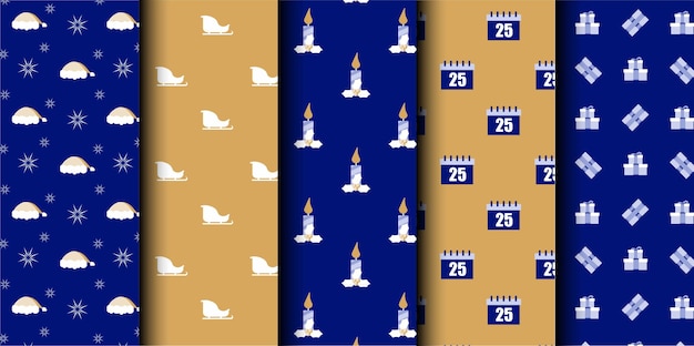 Conjunto de patrones sin costuras vectoriales de Navidad Feliz Navidad y Feliz Año Nuevo Símbolos de Navidad