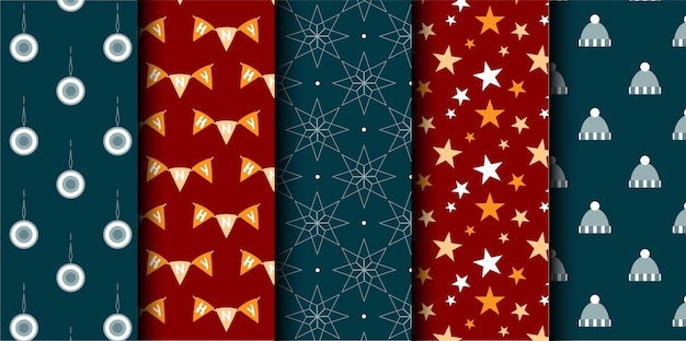 Conjunto de patrones sin costuras vectoriales de Navidad Feliz Navidad y Feliz Año Nuevo Símbolos de Navidad