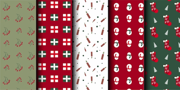 Conjunto de patrones sin costuras vectoriales de Navidad Feliz Navidad y Feliz Año Nuevo Símbolos de Navidad