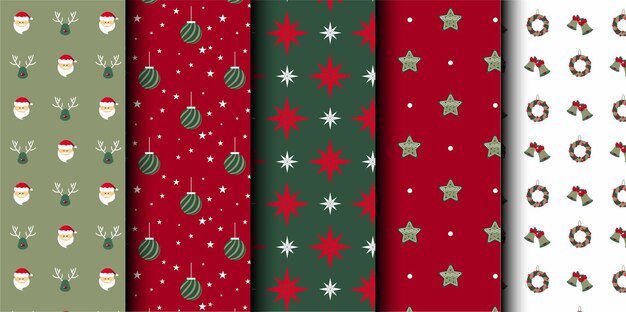 Conjunto de patrones sin costuras vectoriales de Navidad Feliz Navidad y Feliz Año Nuevo Símbolos de Navidad