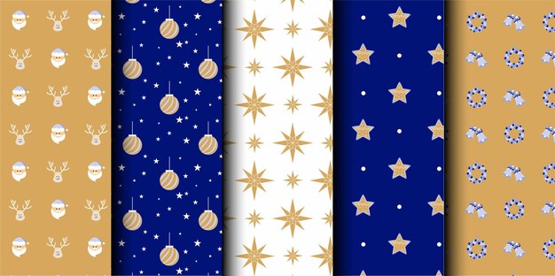 Conjunto de patrones sin costuras vectoriales de Navidad Feliz Navidad y Feliz Año Nuevo Símbolos de Navidad