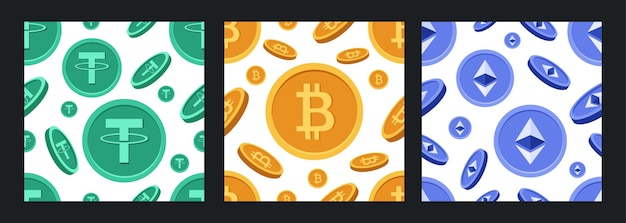 Conjunto de patrones de criptomonedas con vibrante Bitcoin Tether y Ethereum
