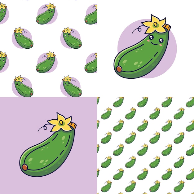 Conjunto de patrones Cute Kawaii Zucchini Ilustración del icono de dibujos animados del pepino Zucchini pattcollection