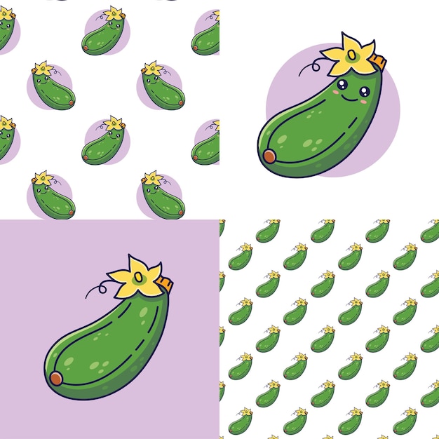 Vector conjunto de patrones cute kawaii zucchini ilustración del icono de dibujos animados del pepino zucchini pattcollection