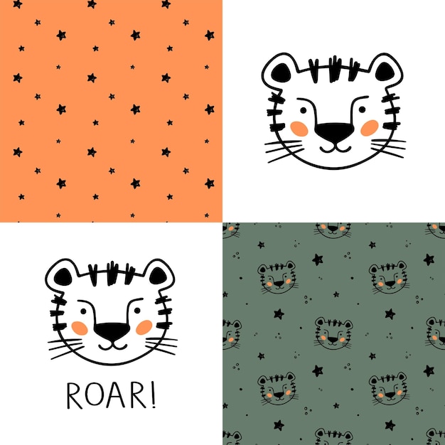 Conjunto de patrones de Cute Little Tiger dibujados a mano Little Tiger en estilo doodle para diseñar ropa de bebé Impresión de guardería bohemia de dibujos animados Textura de diseño para niños Ilustración vectorial